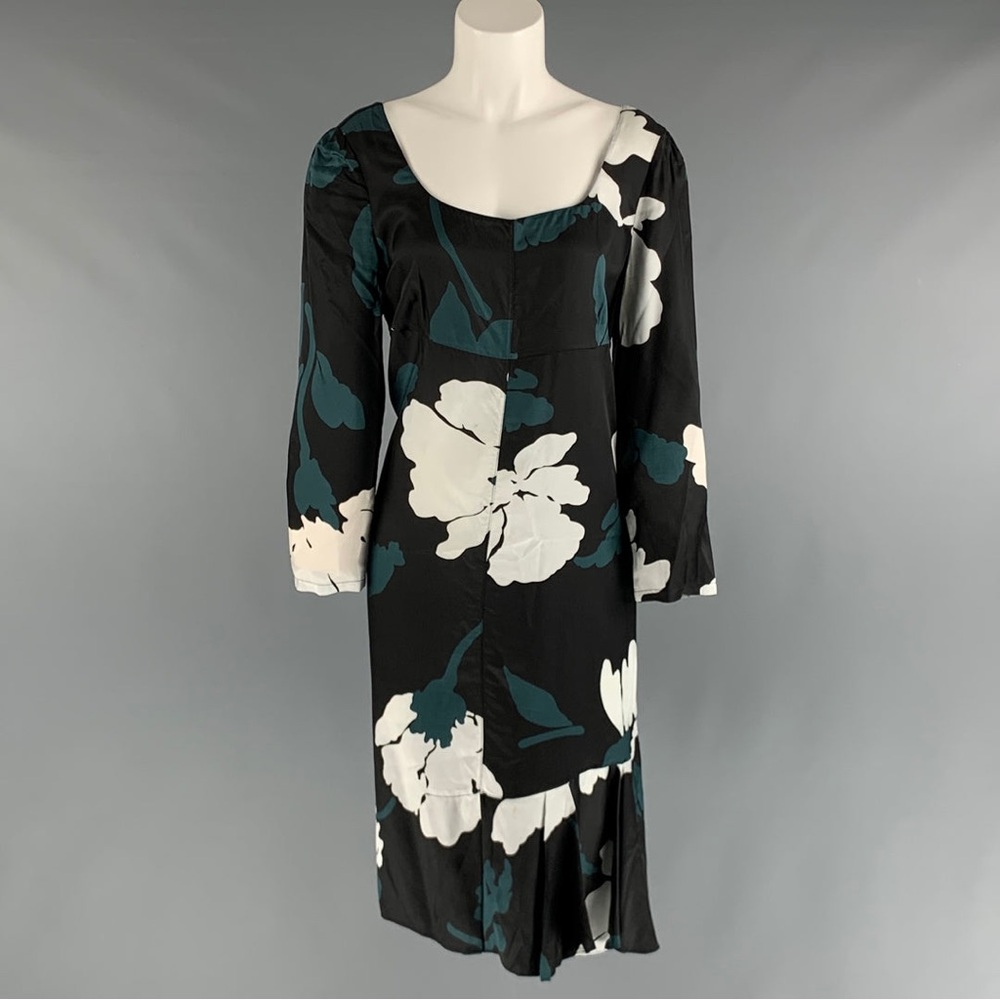 Marni Black Dress with Teal and White Floral Print, Long Sleeve